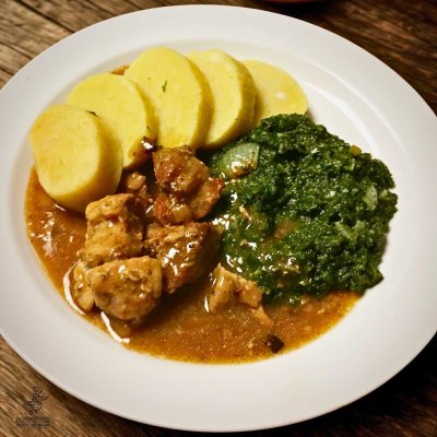 Moravský vrabec, špenát, domácí bramborový knedlík