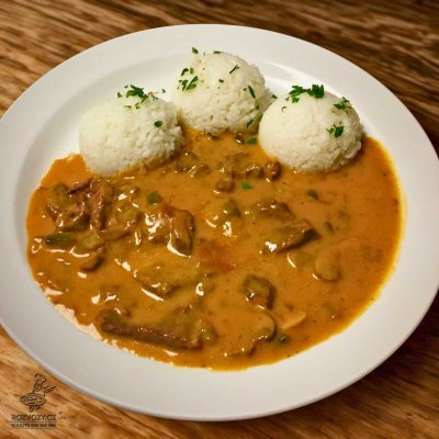 Hovězí nudličky stroganov, dušená rýže