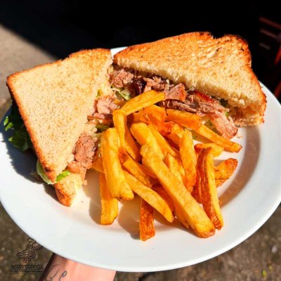 Sandwich s trhanou krkovicí, coleslawem, domácí hranolky