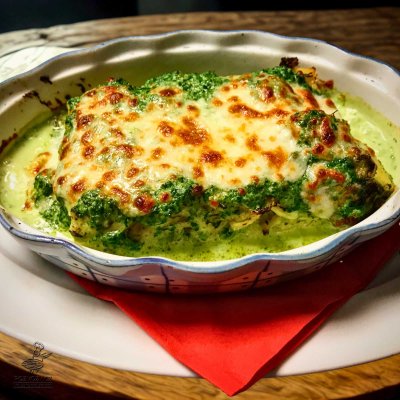 Lasagně s kuřecím masem, špenátem, česnekem, smetanou a sýrem